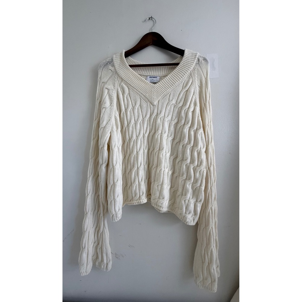 Old Navy Womens XL Cream White Cable Knit V-Neck Sweater Cotton Wool Blend